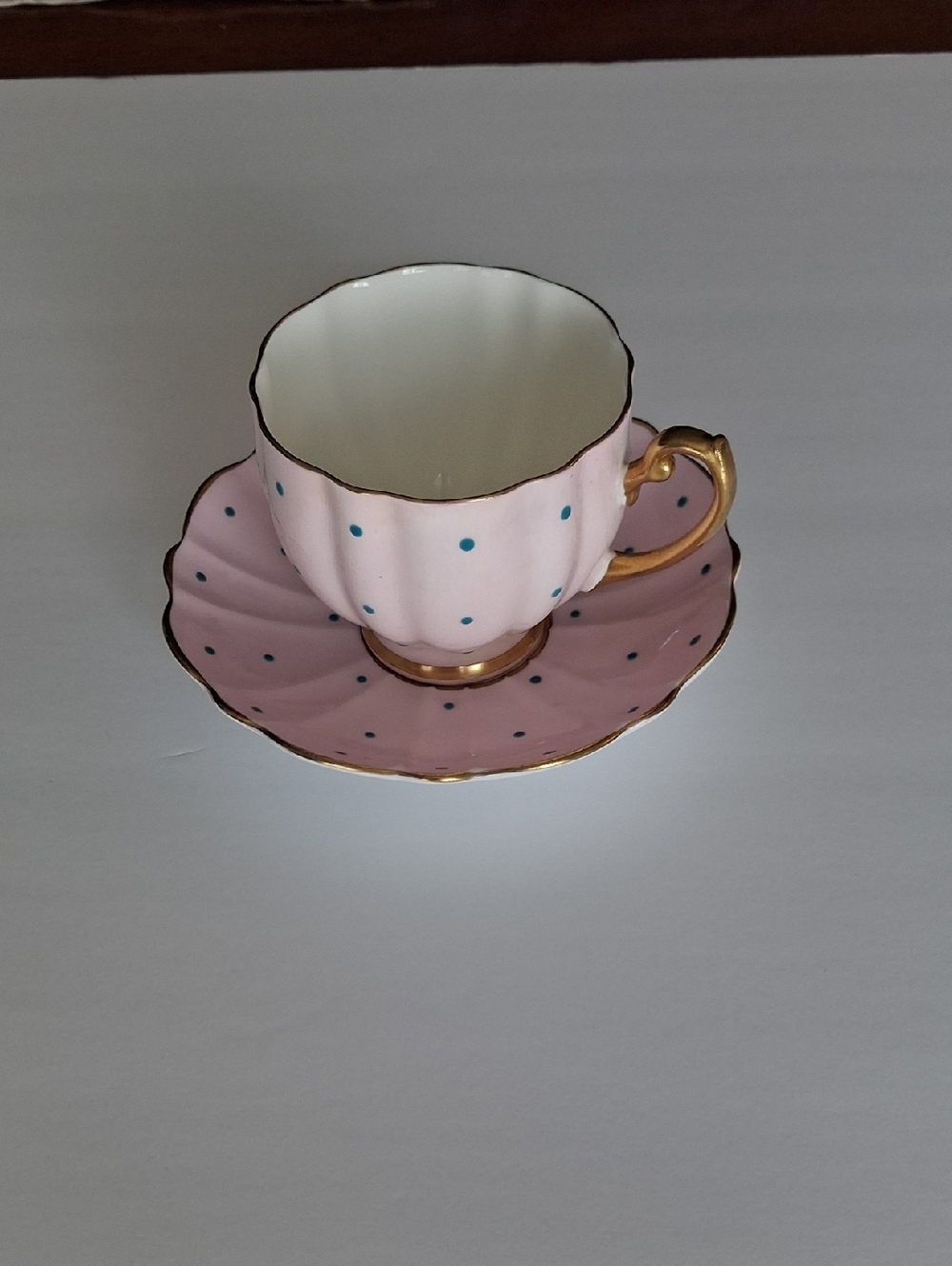 Pink Polka Dot Porcelain Teacup & Saucer with Gold Trim